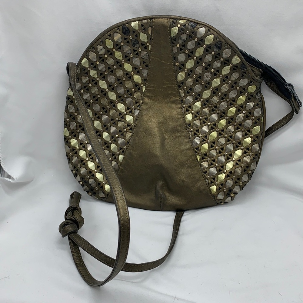 Mima Venezi Italian Leather purse Taupe silver gold braiding